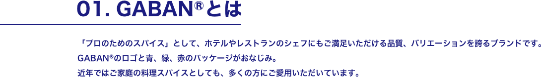 01. GABANⓇとは 「プロのためのスパイス」として、ホテルやレストランのシェフにもご満足いただける品質、バリエーションを誇るブランドです。 GABANⓇのロゴと青、緑、赤のパッケージがおなじみ。 近年ではご家庭の料理スパイスとしても、多くの方にご愛用いただいています。