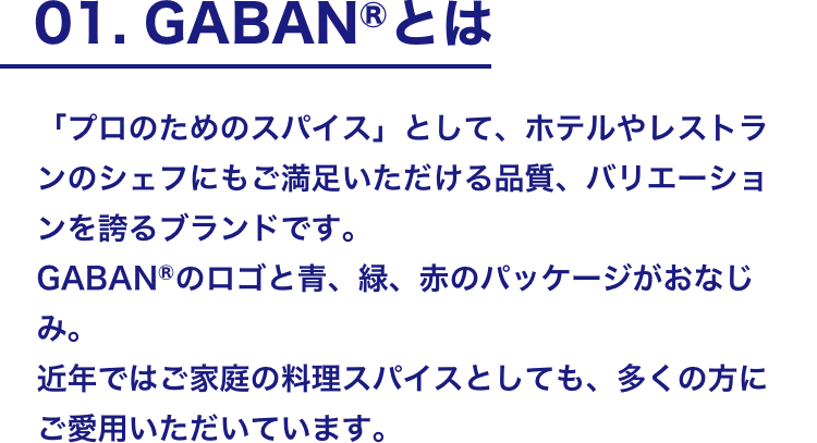 01. GABANⓇとは 「プロのためのスパイス」として、ホテルやレストランのシェフにもご満足いただける品質、バリエーションを誇るブランドです。 GABANⓇのロゴと青、緑、赤のパッケージがおなじみ。 近年ではご家庭の料理スパイスとしても、多くの方にご愛用いただいています。