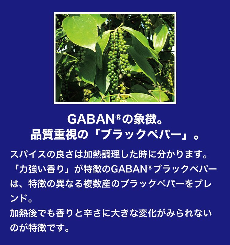 GABANⓇの象徴。品質重視の「ブラックペパー」。 スパイスの良さは加熱調理した時に分かります。「力強い香り」が特徴のGABANⓇブラックペパーは、特徴の異なる複数産のブラックペパーをブレンド。加熱後でも香りと辛さに大きな変化がみられないのが特徴です。