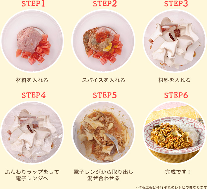 STEP1:材料を入れる STEP2:スパイスを入れる STEP3:材料を入れる STEP4:ふんわりラップをして電子レンジへ STEP5:電子レンジから取り出し混ぜ合わせる STEP6:完成です！ ・作る工程はそれぞれのレシピで異なります